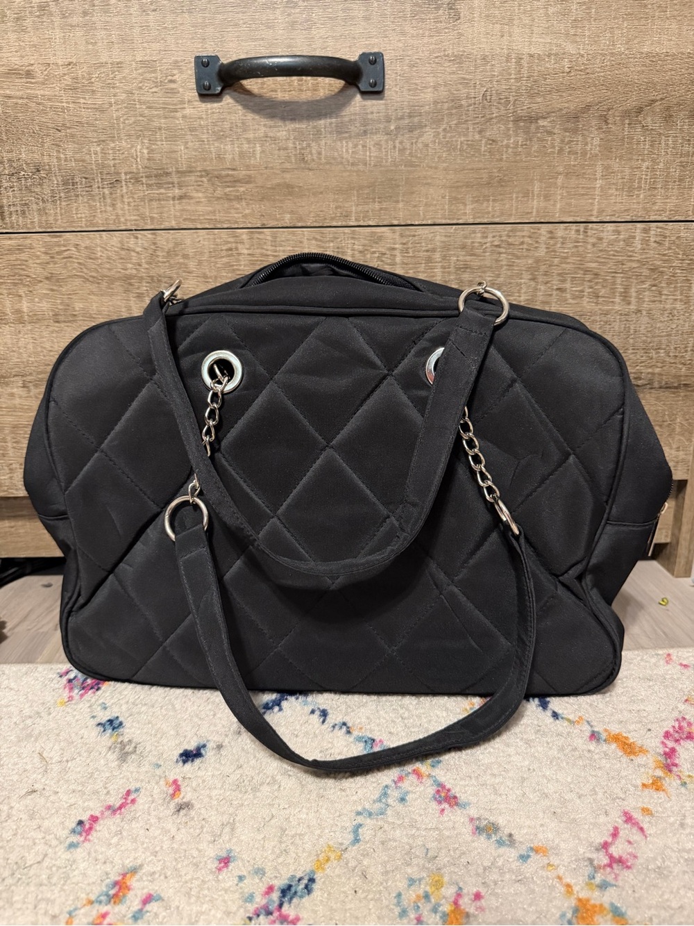 Perry Ellis Black Quilted Tote with Chain-Accent Straps